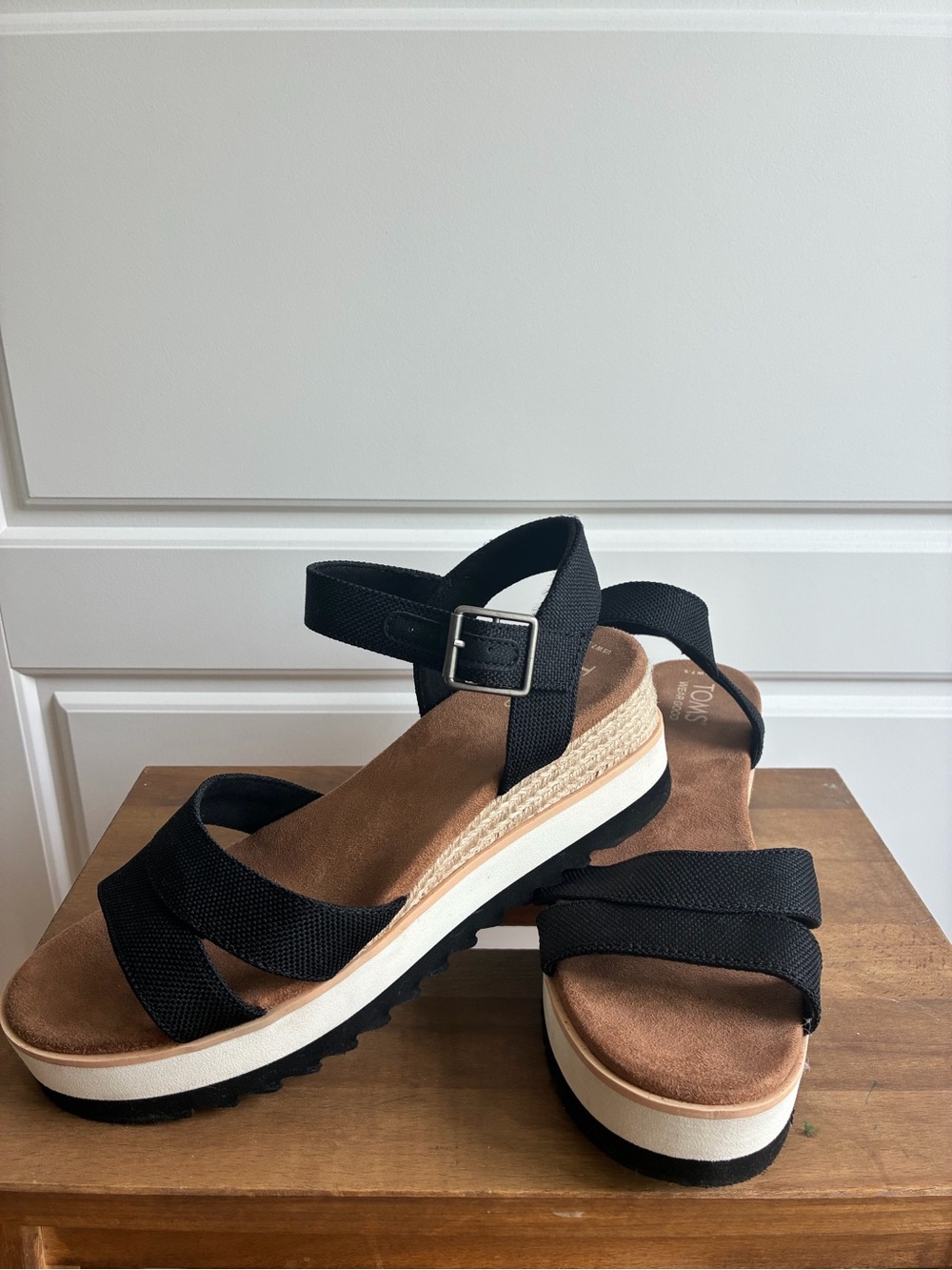 Toms Black Strappy Wedge Sandals with Buckle